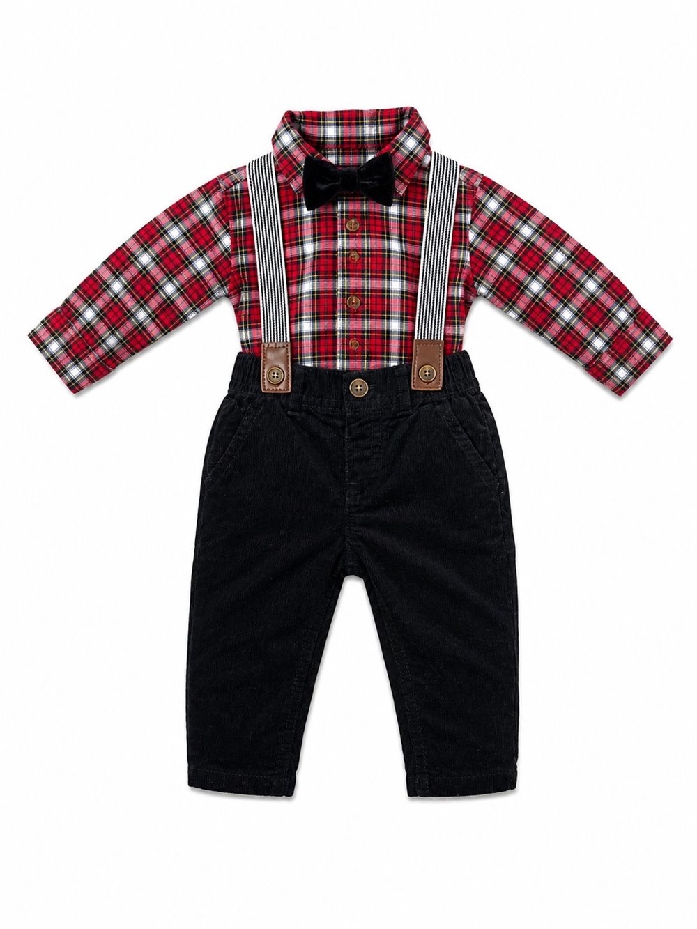 The Children's Place Red Plaid Shirt with Black Pants and Bow Tie Matching Set